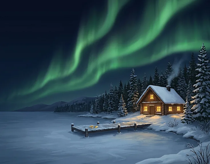 Green aurora ribbons over a frozen lake at night, a lit log cabin on the shore and a snowy jetty with a few gold coins